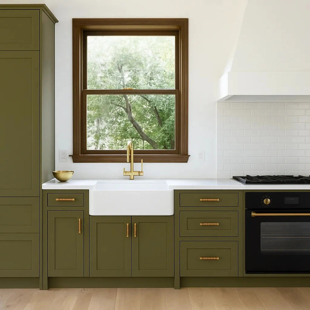 Olive-green kitchen cabinets styled with rattan bar handles, a white worktop and black oven