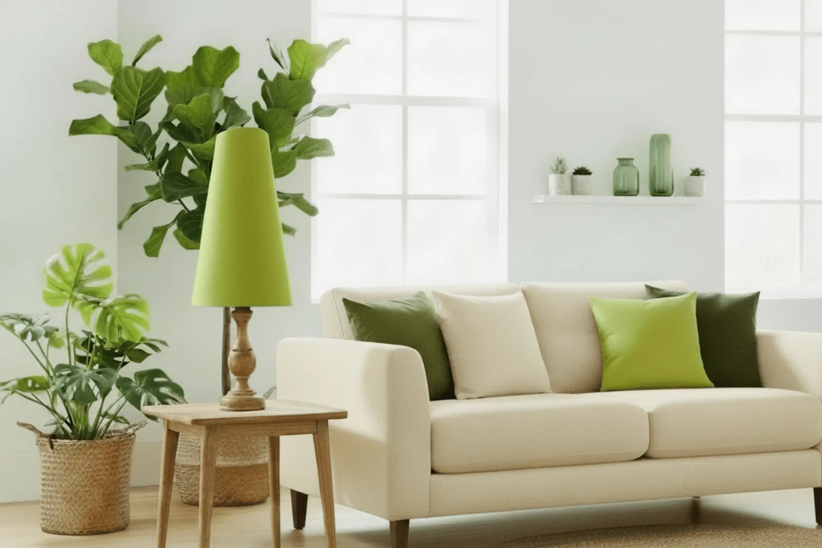 Cream sofa with green cushions and houseplants styled with a lime green table lamp — home decor from Emmy Jane Boutique