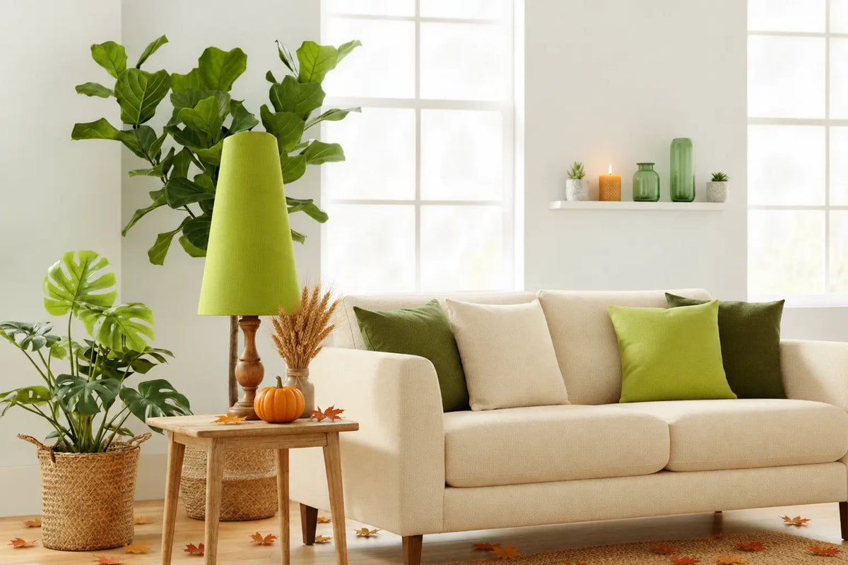 A modern living room scene with eco-friendly Autumn Decor,  featuring a cream-colored fabric sofa with green and olive accent pillows, a matching green table lamp on a wooden side table, and potted plants in woven baskets against a bright white wall.