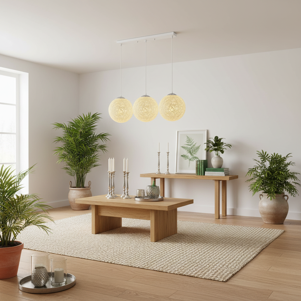 A modern living room scene featuring a light wood coffee table, a matching sideboard console table, a large beige woven area rug, and three spherical woven pendant lights hanging from a white ceiling.
