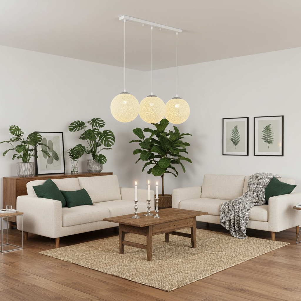 A modern living room with two cream sofas, a wooden coffee table, a woven area rug, and a three-light linear pendant chandelier with textured spherical bulbs hanging above the center of the room.