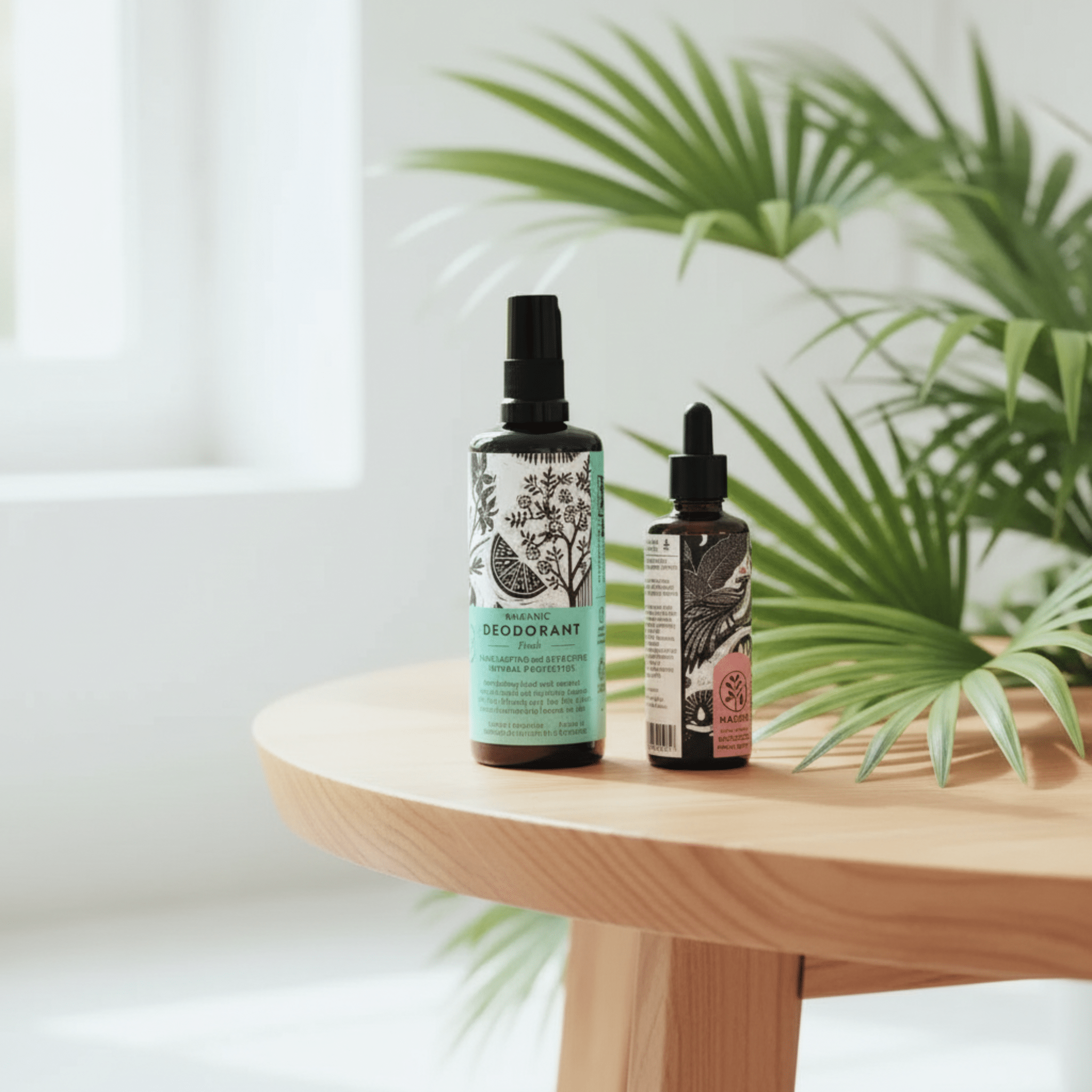 Two bottles of natural products on a wooden table with green plants in the background