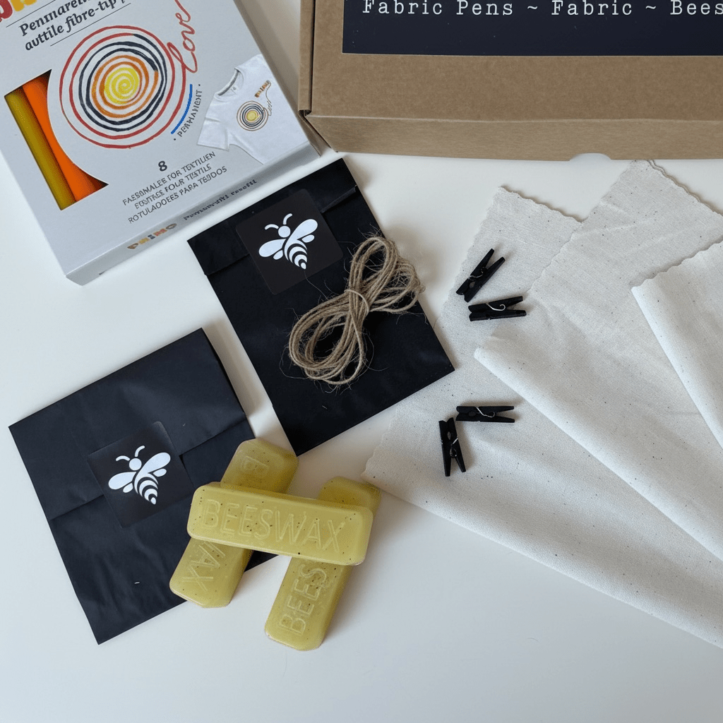 Crafting supplies including fabric pens, thread, and clips on a white surface.