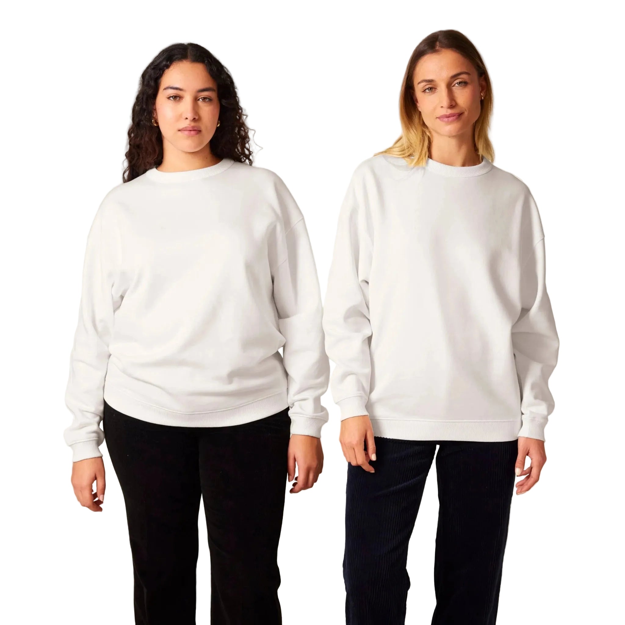 Two women wearing white sweatshirts and black pants on a white background