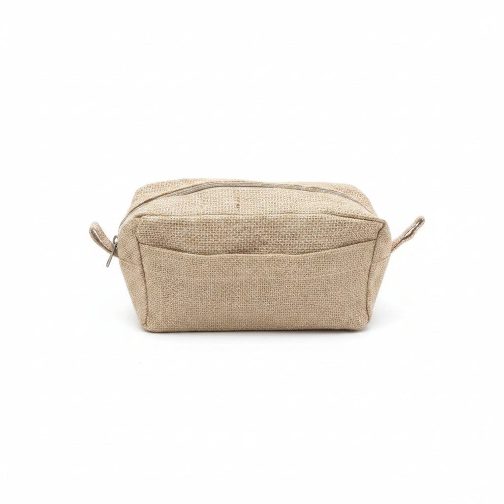 A beige woven canvas cosmetic pouch with a zippered top and two small side loops, photographed on a clean white background.