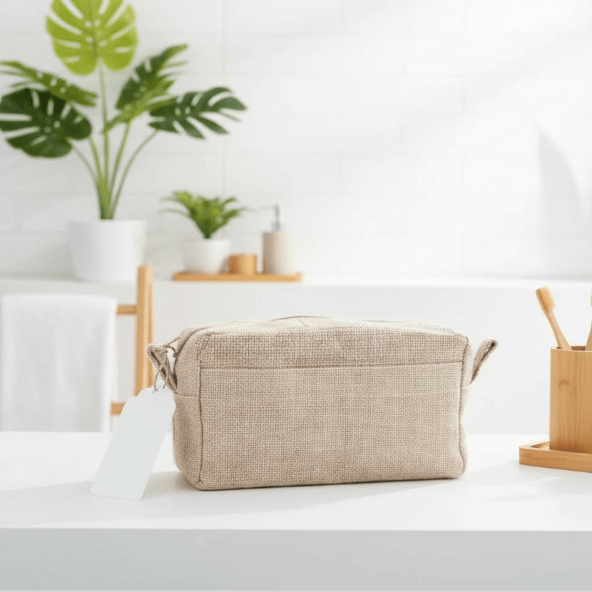 Beige toiletry bag on a bathroom counter with plants and bathroom items in the background