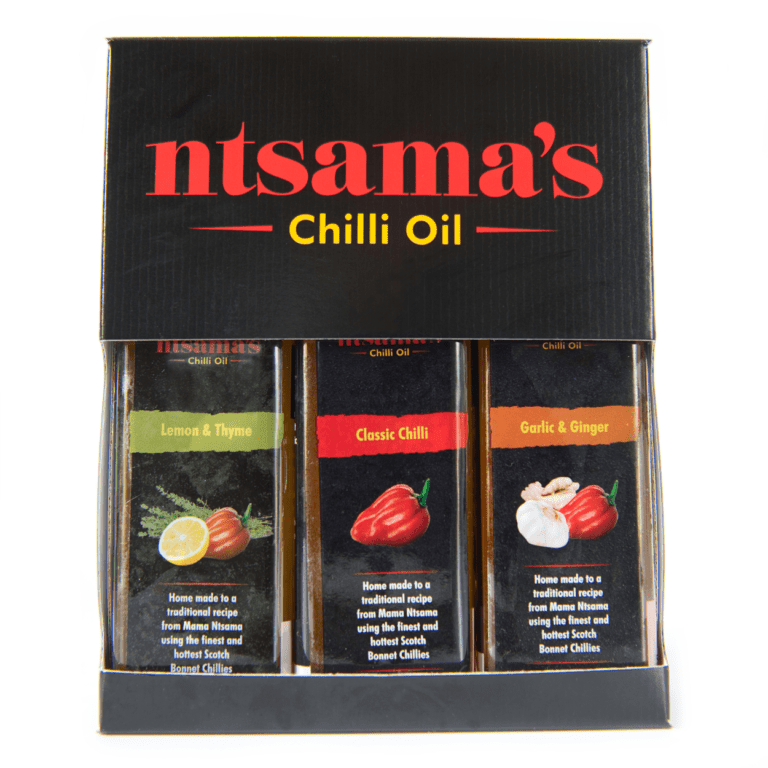 Ntsama’s chilli oil gift box containing Lemon & Thyme, Classic Chilli, and Garlic & Ginger oils.