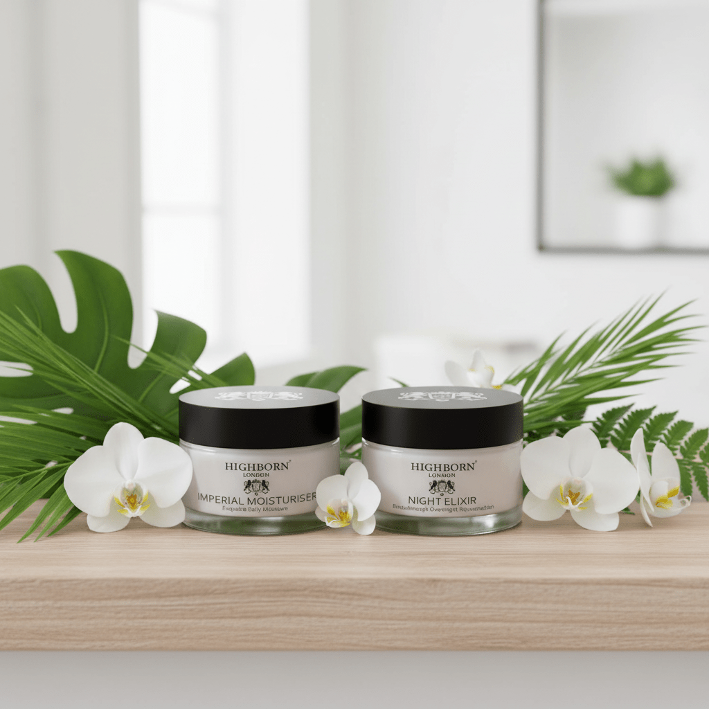 Two jars of Highborn skincare products on a wooden surface with white orchids and green leaves.