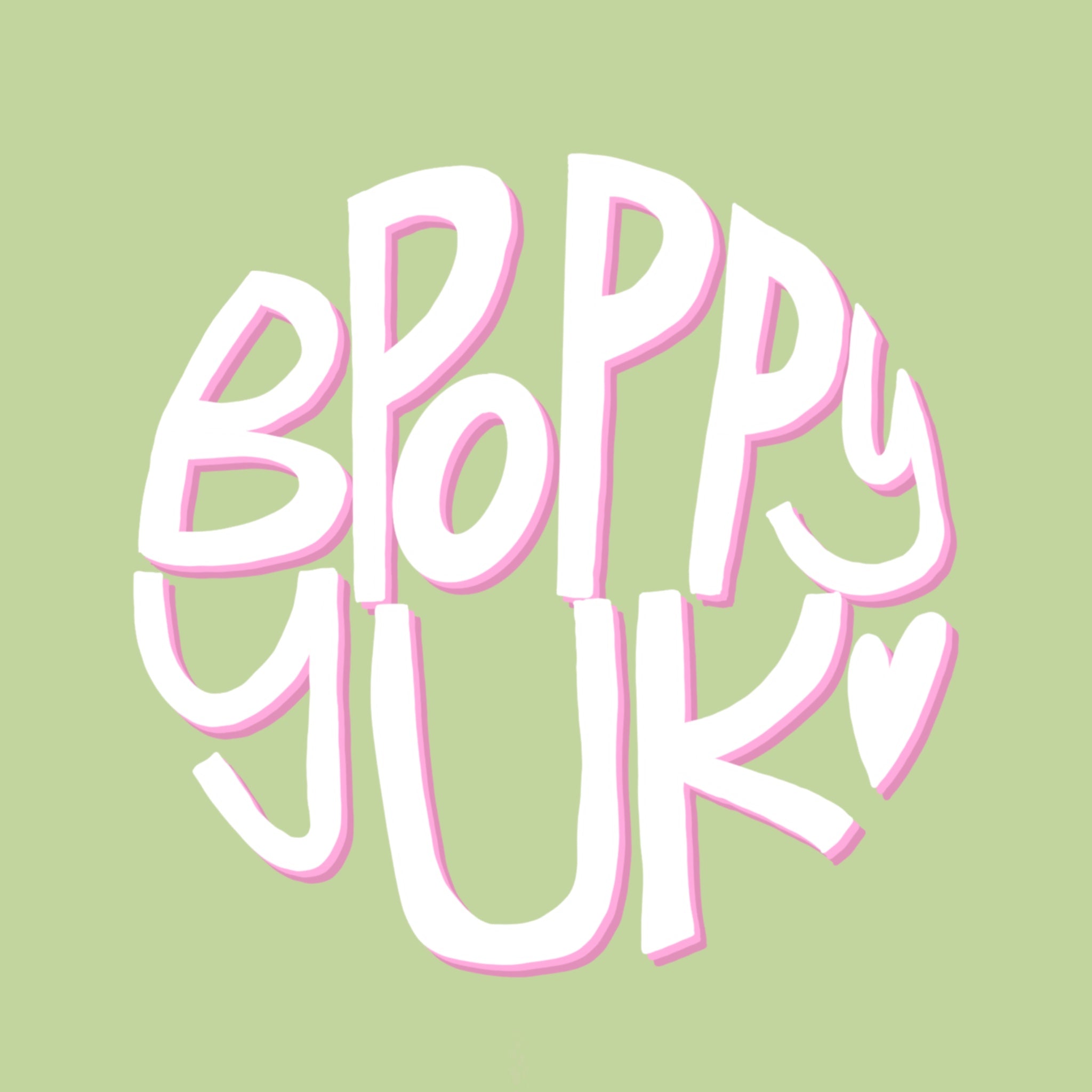 Text 'By Poppy UK' with pink outline on a light green background