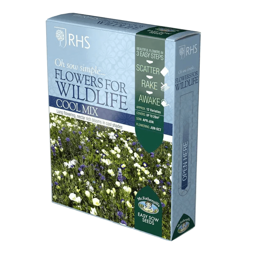 Box of RHS Flowers for Wildlife Cool Mix seeds with a scenic image on the packaging.