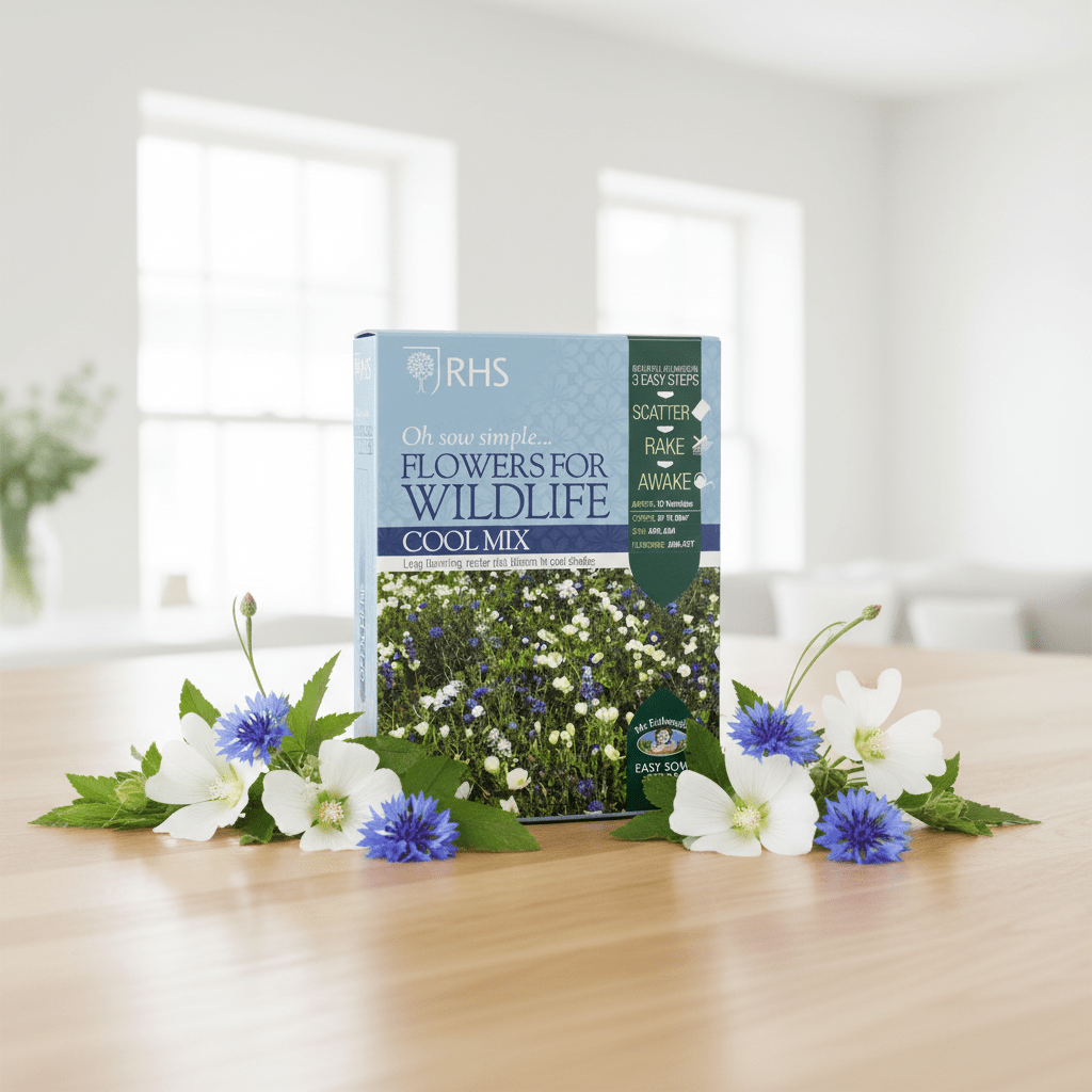 RHS Flowers for Wildlife Cool Mix packaging on a wooden surface with decorative flowers.