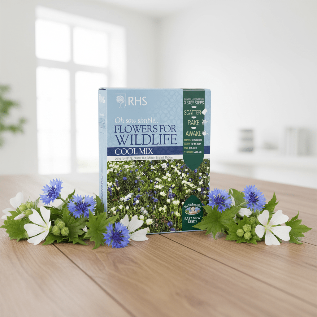 RHS Flowers for Wildlife Cool Mix packaging on a wooden surface with flowers.