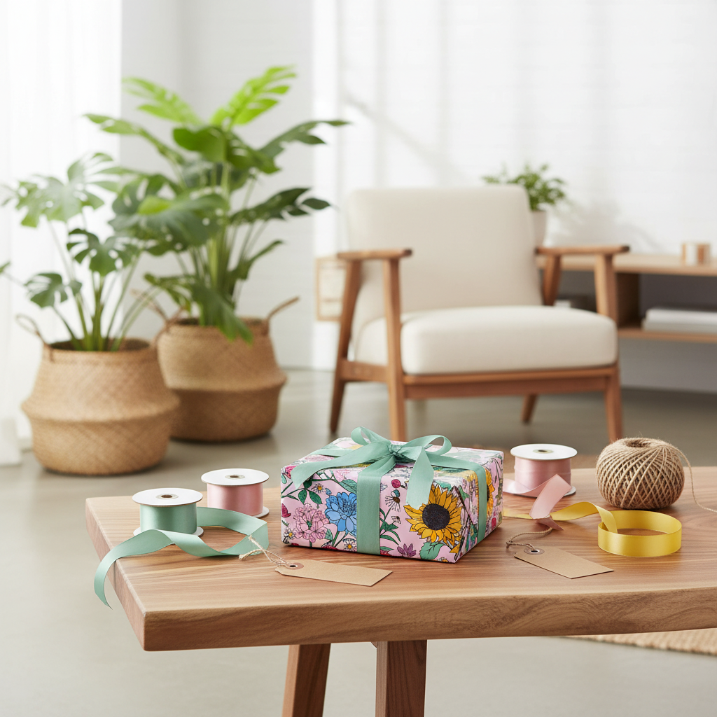A floral-patterned gift-wrapped present tied with a mint green ribbon sits on a wooden table in a bright, modern living room setting with potted plants, a chair, and gift ribbon spools.