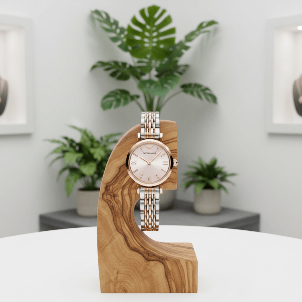 Wooden watch stand with a rose gold watch on a white surface, plants in the background