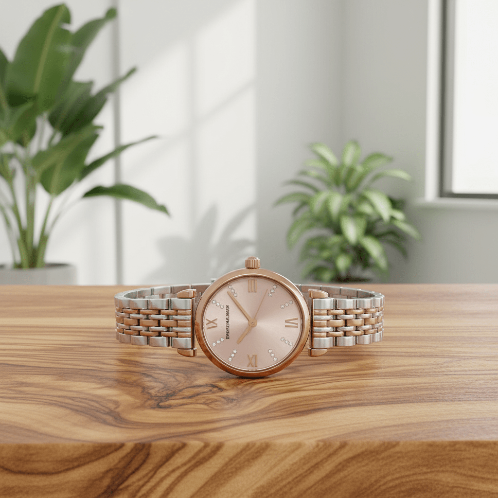 Rose gold watch with silver bracelet on a wooden surface with plants in the background