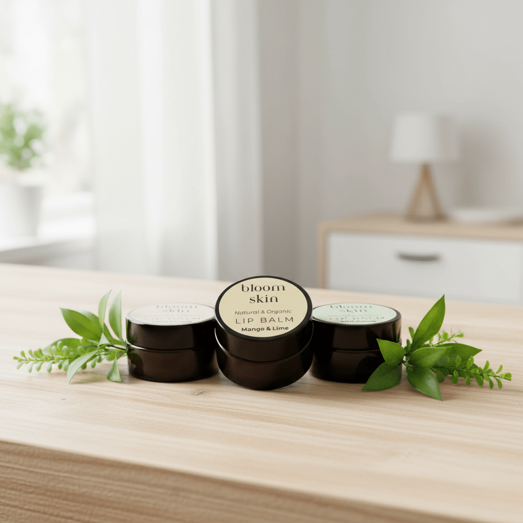 Three lip balms on a wooden surface with green leaves, labeled 'bloom skin'.
