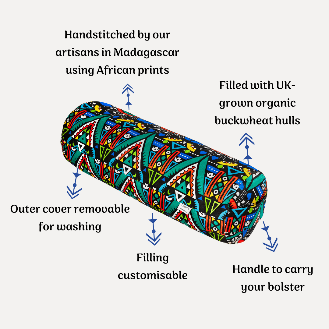 Colorful bolster with text detailing its features on a white background