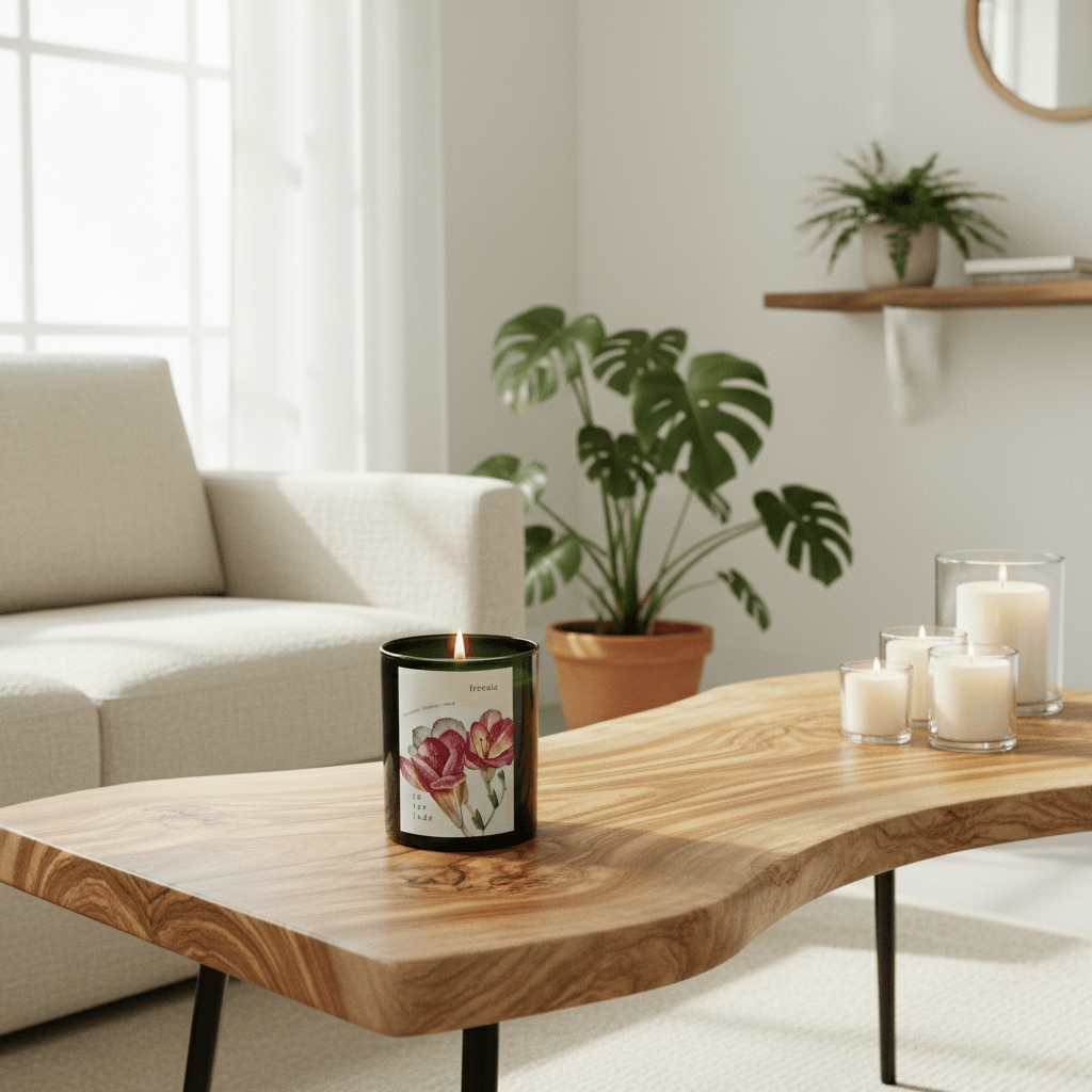 Candle on a wooden coffee table in a living room with a couch and plants.