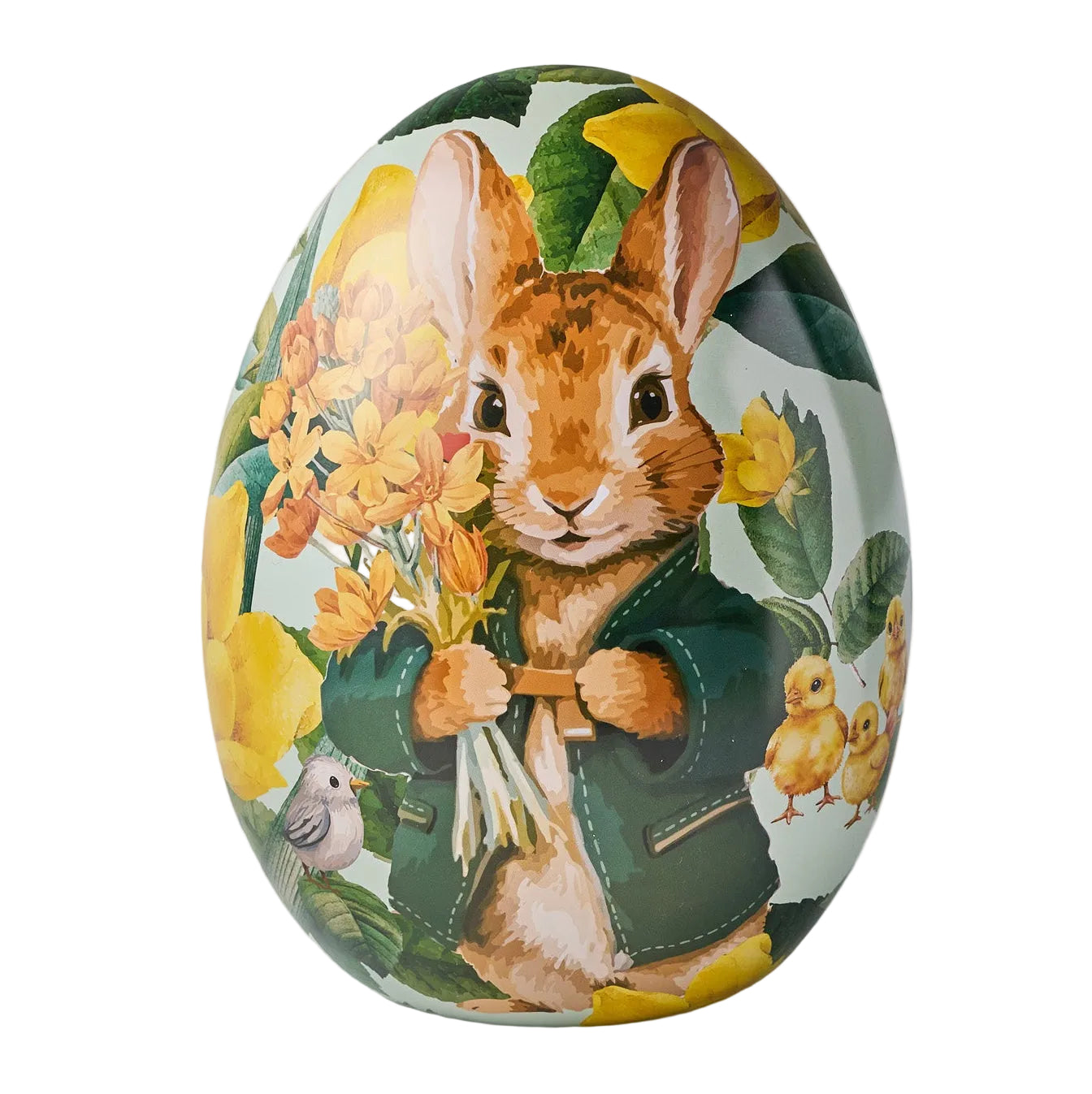 Decorative Easter egg with a rabbit and chick design on a white background