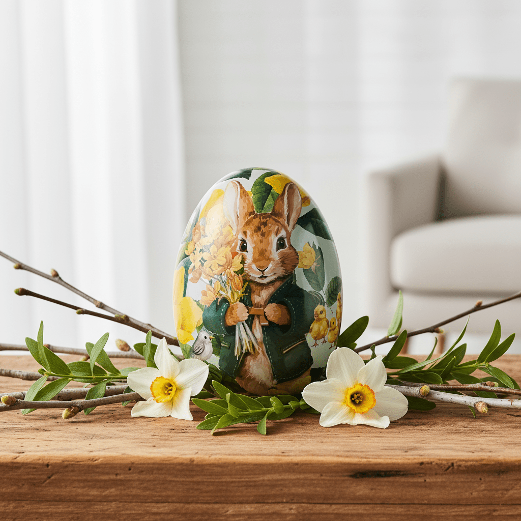 Decorative Easter egg with a rabbit design on a wooden surface with flowers and branches.
