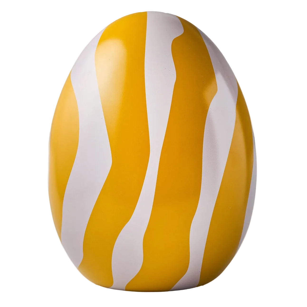 Refillable Easter egg with a yellow and white wavy pattern on a light background