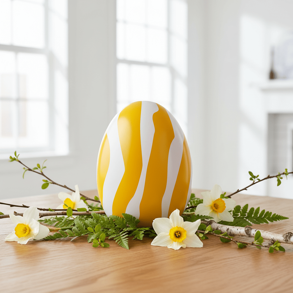 Decorative Easter egg with yellow and white stripes on a wooden table with flowers and branches.