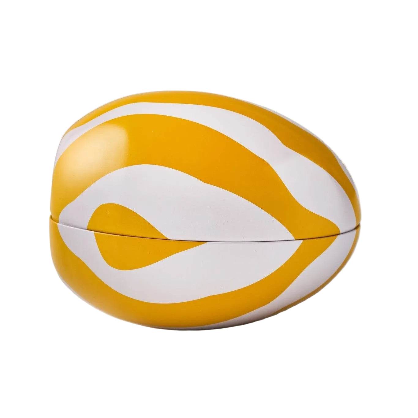 Yellow and white striped Easter egg tin on a white background