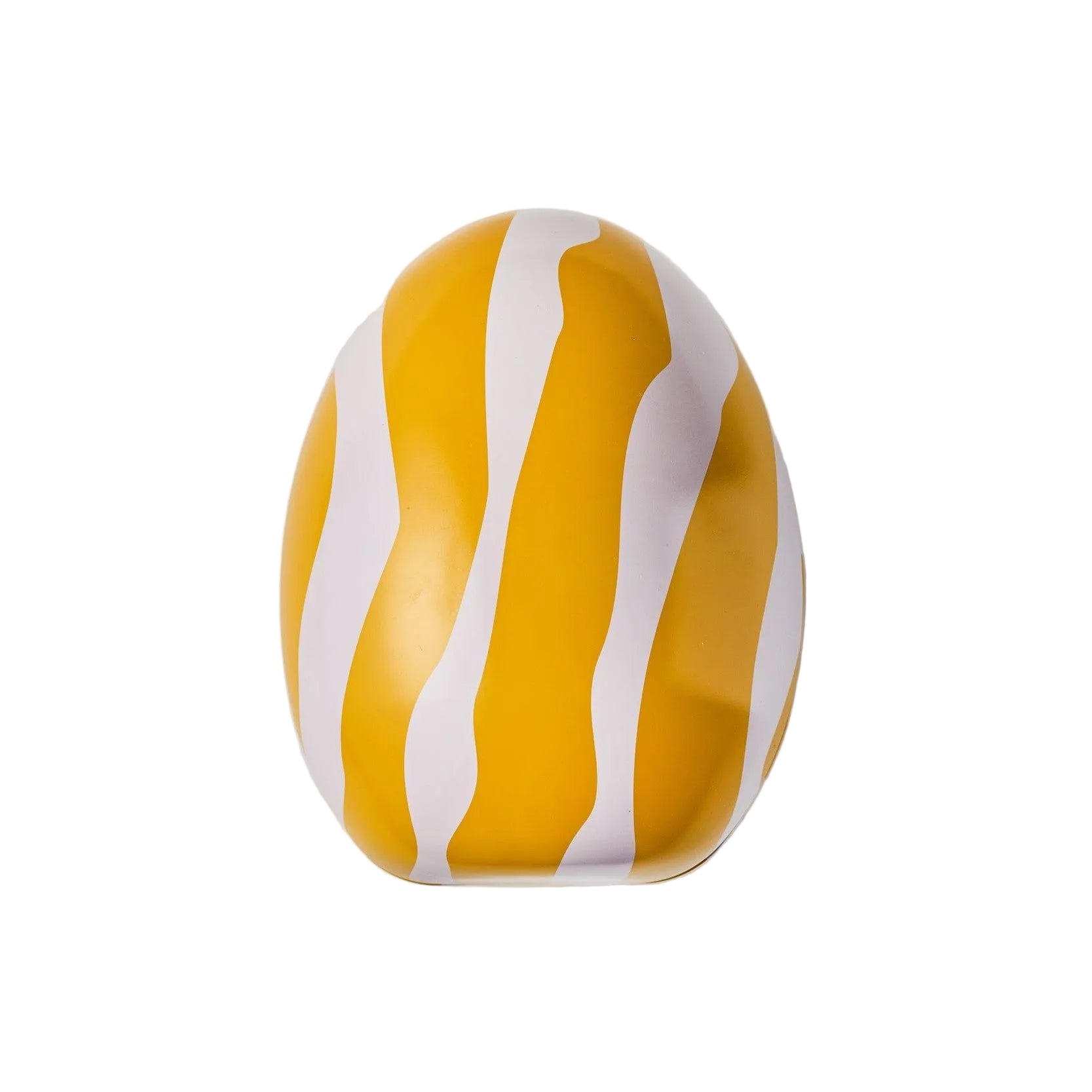 Yellow and white striped Easter egg on a light background