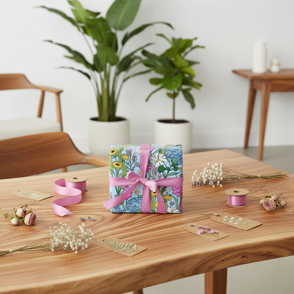 A wrapped gift box with colorful floral wrapping paper and a pink ribbon sits on a wooden table in a bright, modern room with potted plants and decorative accessories.