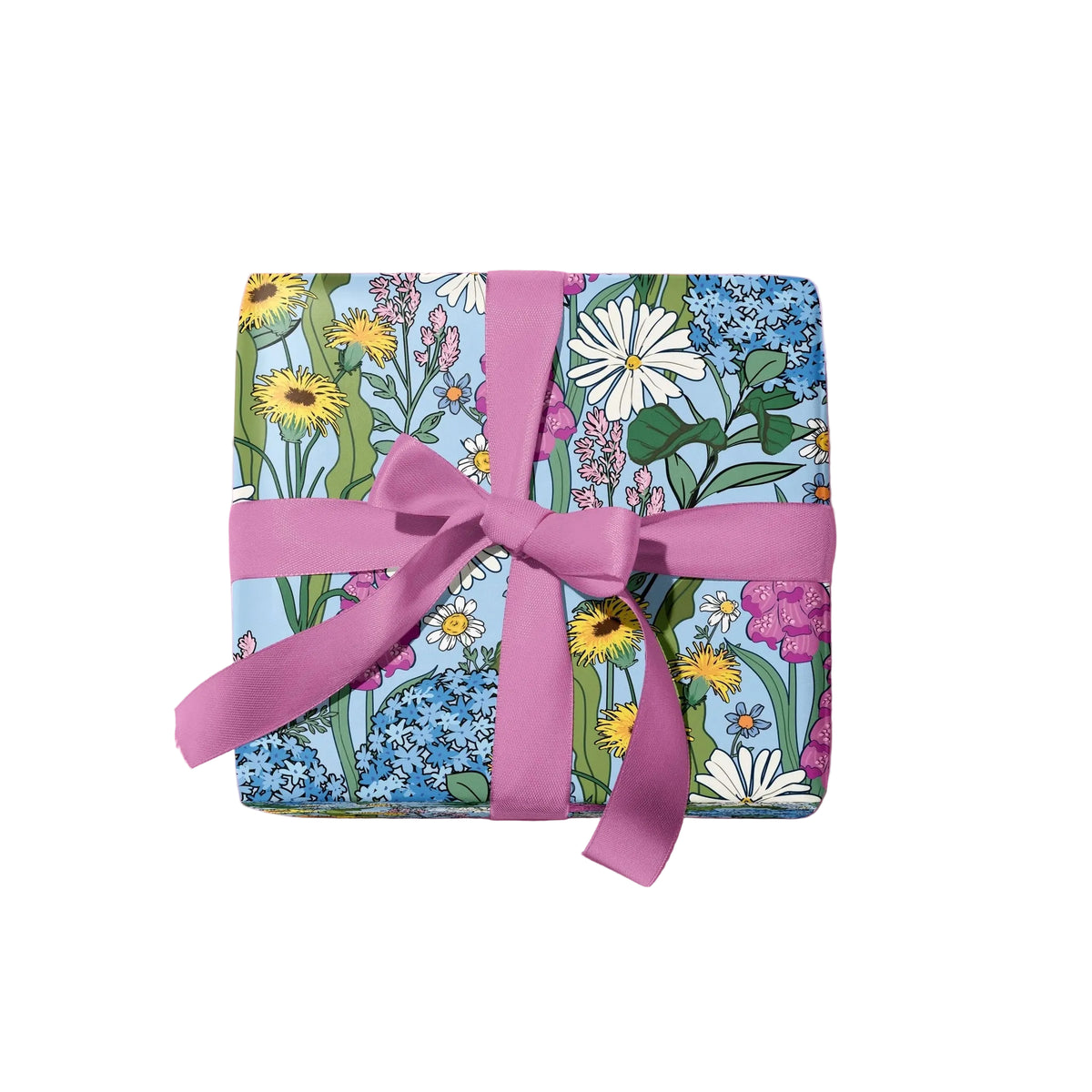 A square gift box wrapped in a light blue floral paper with pink, yellow, green, and white flowers, tied with a wide pink satin ribbon and bow, on a solid white background.
