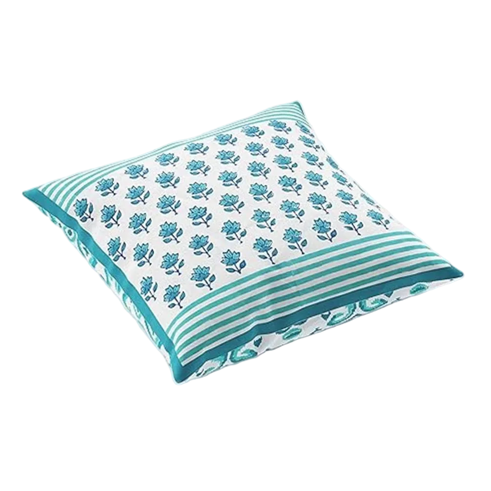 A square decorative throw pillow featuring a teal and white floral block print pattern with striped borders on a solid white background.