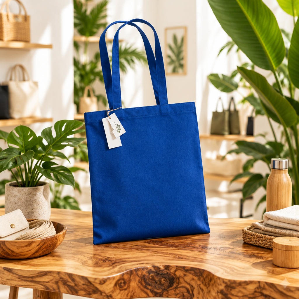 Bright blue Earthaware organic cotton tote bag with long handles and hanging tags in a plant-filled setting