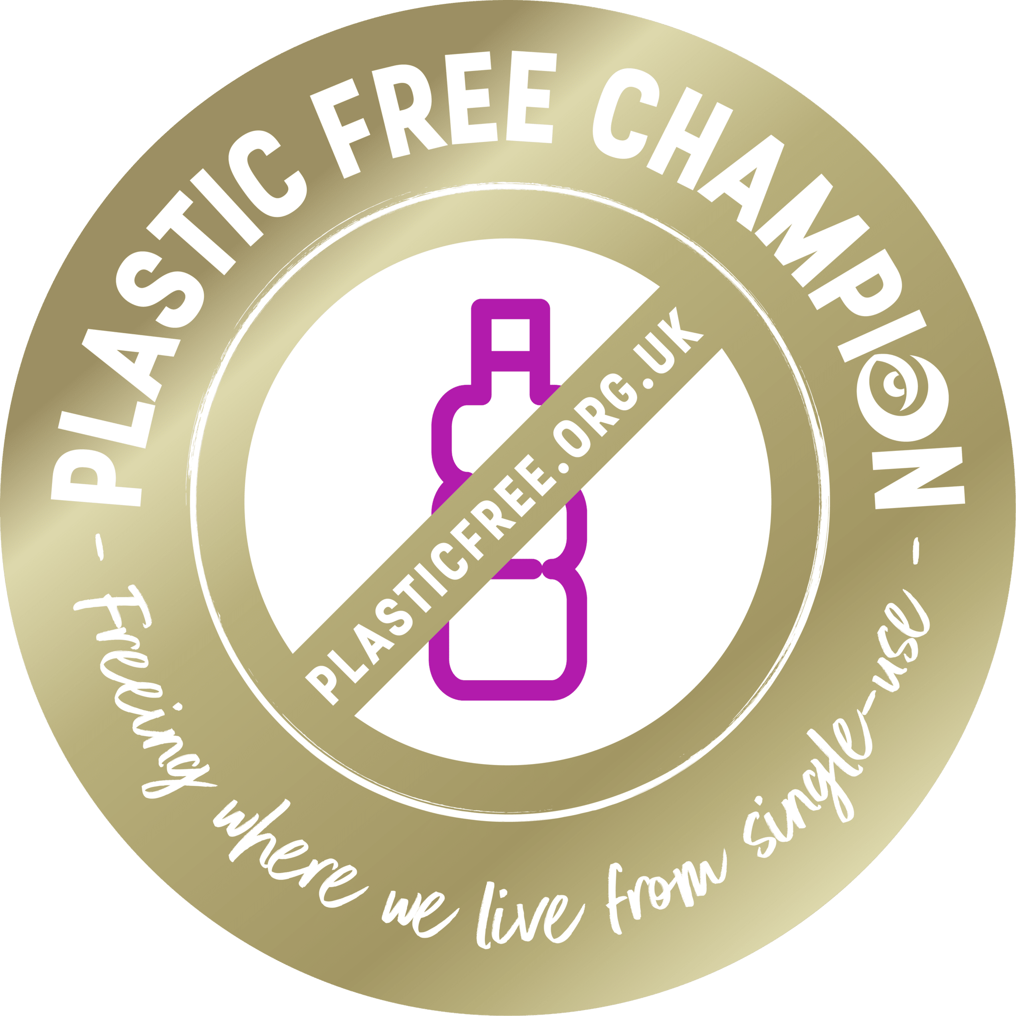 Gold circular badge with 'Plastic Free Champion' text and a purple bottle icon on a green background.