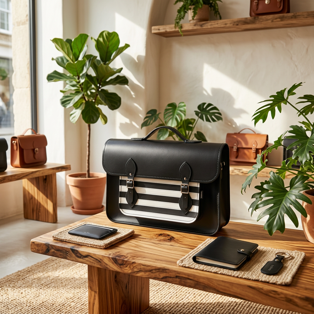 A black leather satchel-style bag with bold white horizontal stripes on the front panel sits on a rustic wooden table in a warm, sunlit room with potted plants and shelves in the background.