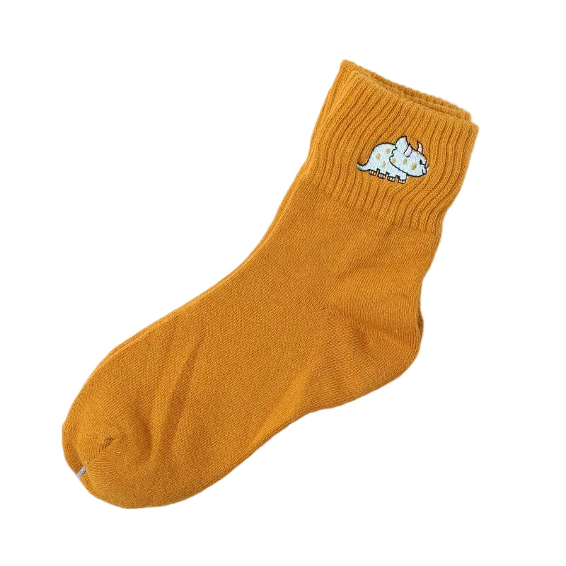 Orange Triceratops embroidered dinosaur cotton tube socks folded on white background - Emmy Jane Boutique