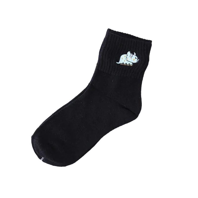 Blue Triceratops embroidered dinosaur cotton tube socks folded on white background - Emmy Jane Boutique