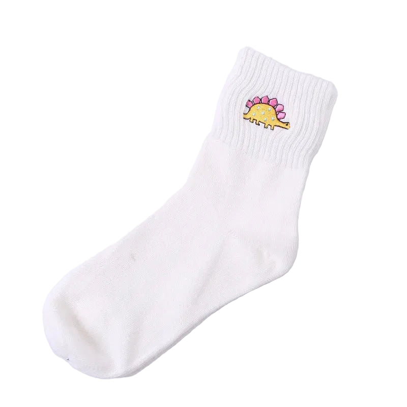 Embroidered dinosaur cotton tube socks lifestyle flat lay on white background - Emmy Jane Boutique