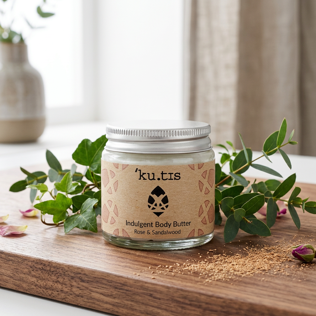 Kutis Indulgent Rose & Sandalwood Body Butter on a wooden board with leaves and rose petals