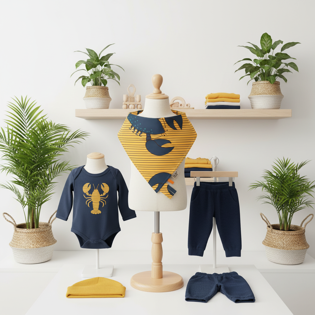 A coordinated baby clothing set displayed on mannequins and hangers in a bright nursery-style setup. The set includes a navy long-sleeve bodysuit with a yellow lobster graphic, navy pants, a yellow bandana bib with navy lobster print, and a folded yellow hat, all arranged on white tables with wooden shelves and potted plants in the background.