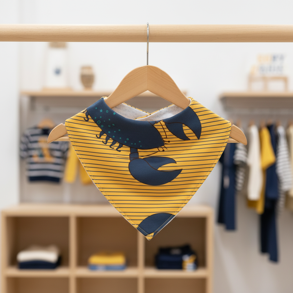 A baby bandana bib with a yellow and navy blue striped lobster design, hanging on a wooden hanger on a clothing rack in a softly blurred children's boutique.