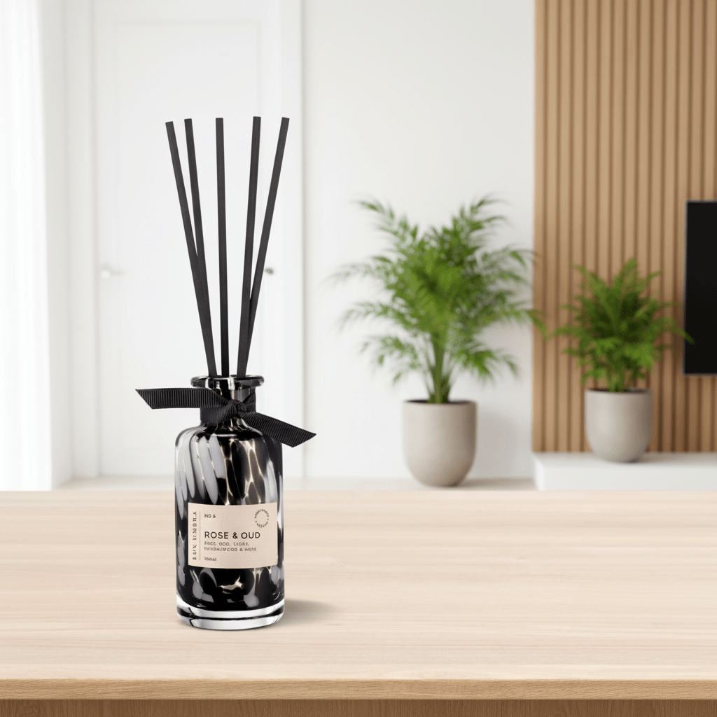 Diffuser bottle with black sticks on a wooden surface with plants in the background