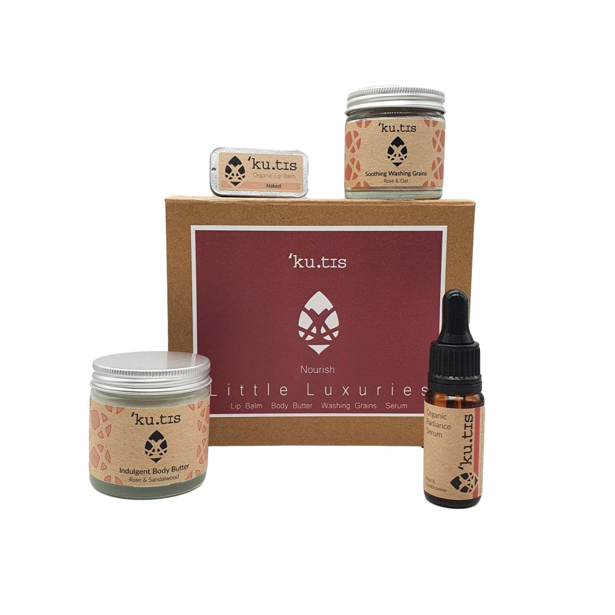 Kutis skincare products including jars, a box, and a dropper bottle on a white background