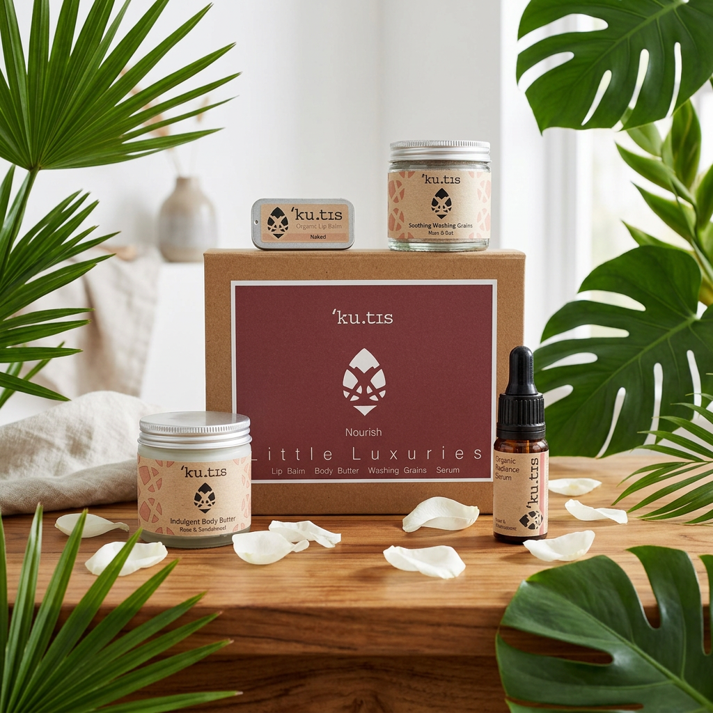 Kutis Nourish skincare gift pack with four products and gift box, styled with leaves and petals