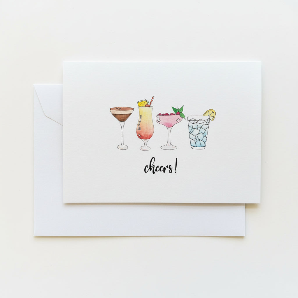 Greeting card with illustrations of four cocktails and 'cheers!' text on a white background.