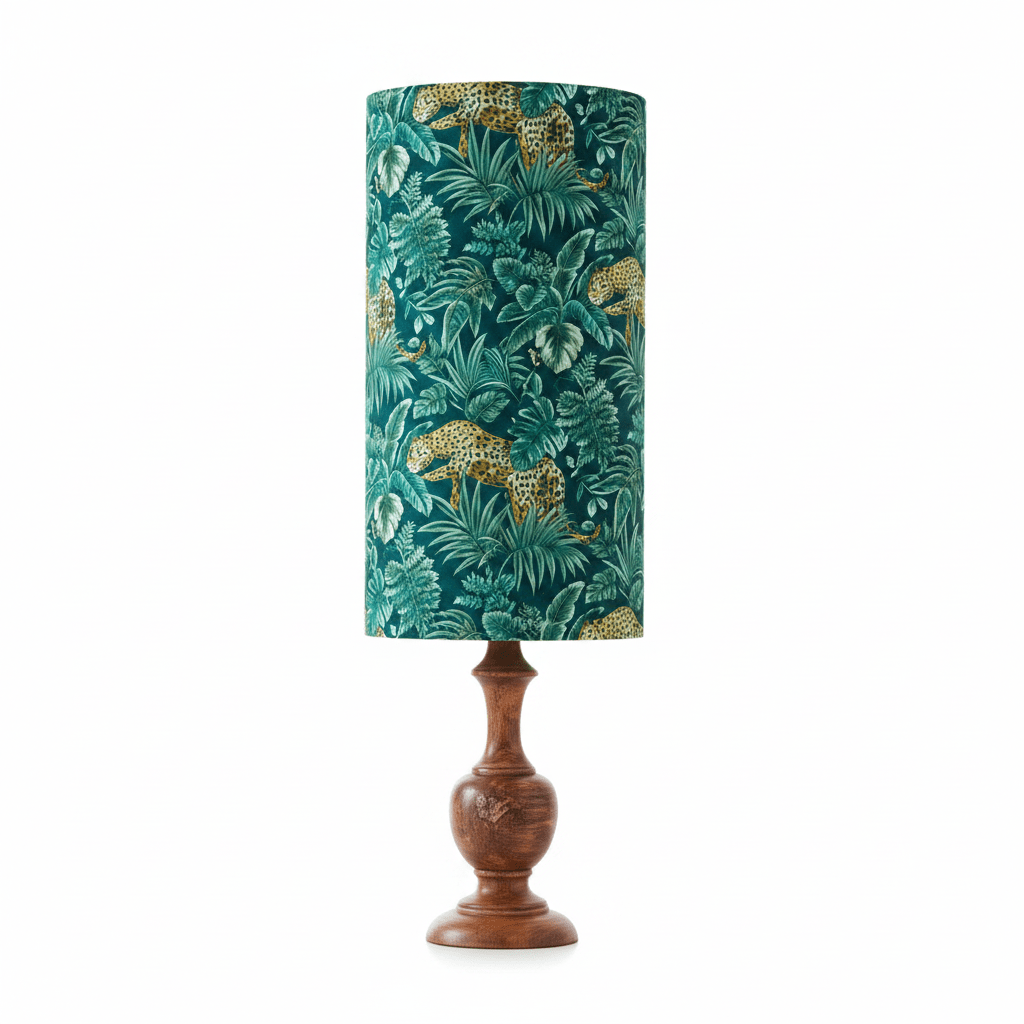 Lamp with a jungle-themed fabric shade on a white background