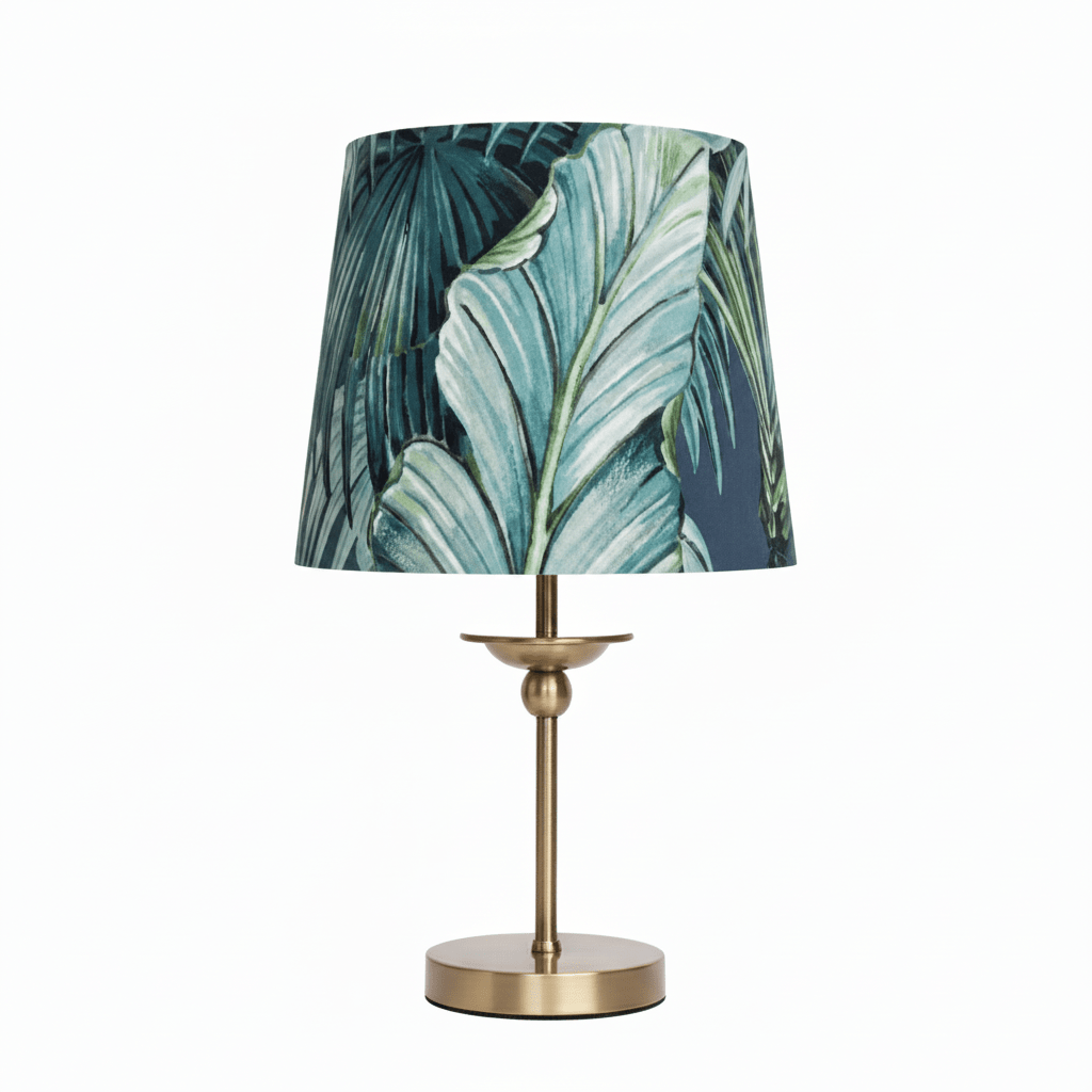 Table lamp with a tropical leaf patterned shade on a white background