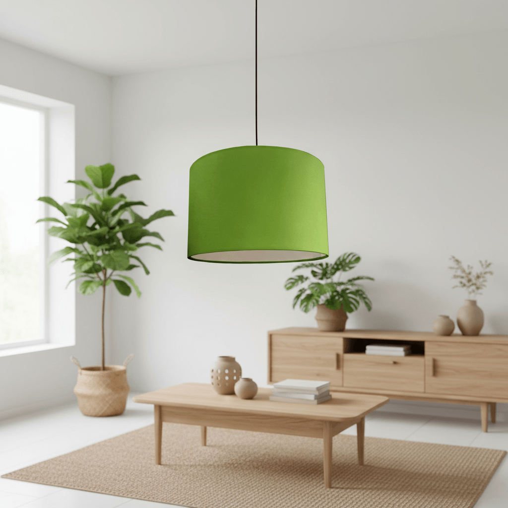 Modern living room with a green pendant lamp, wooden coffee table, and decorative items.