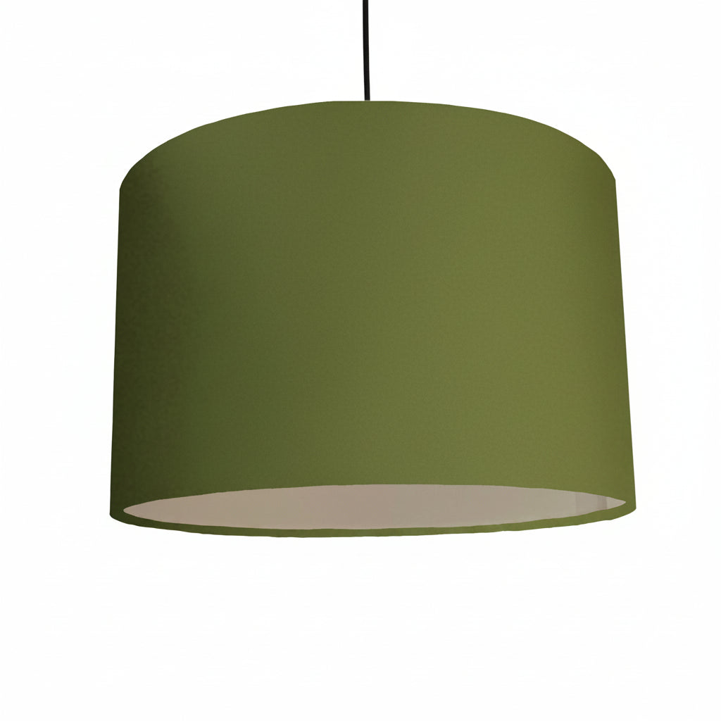 Green pendant lamp with a white interior on a plain background
