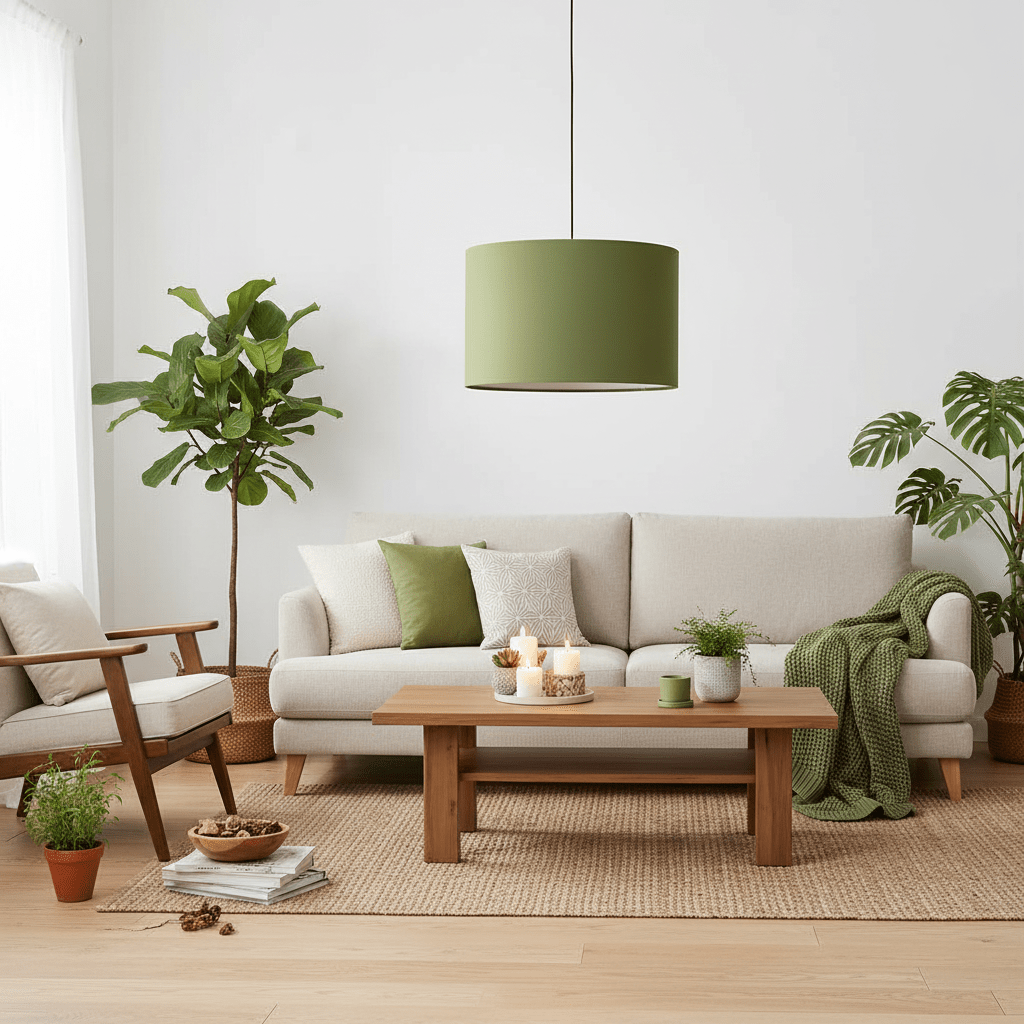 Modern living room with a beige sofa, wooden coffee table, and green lamp.