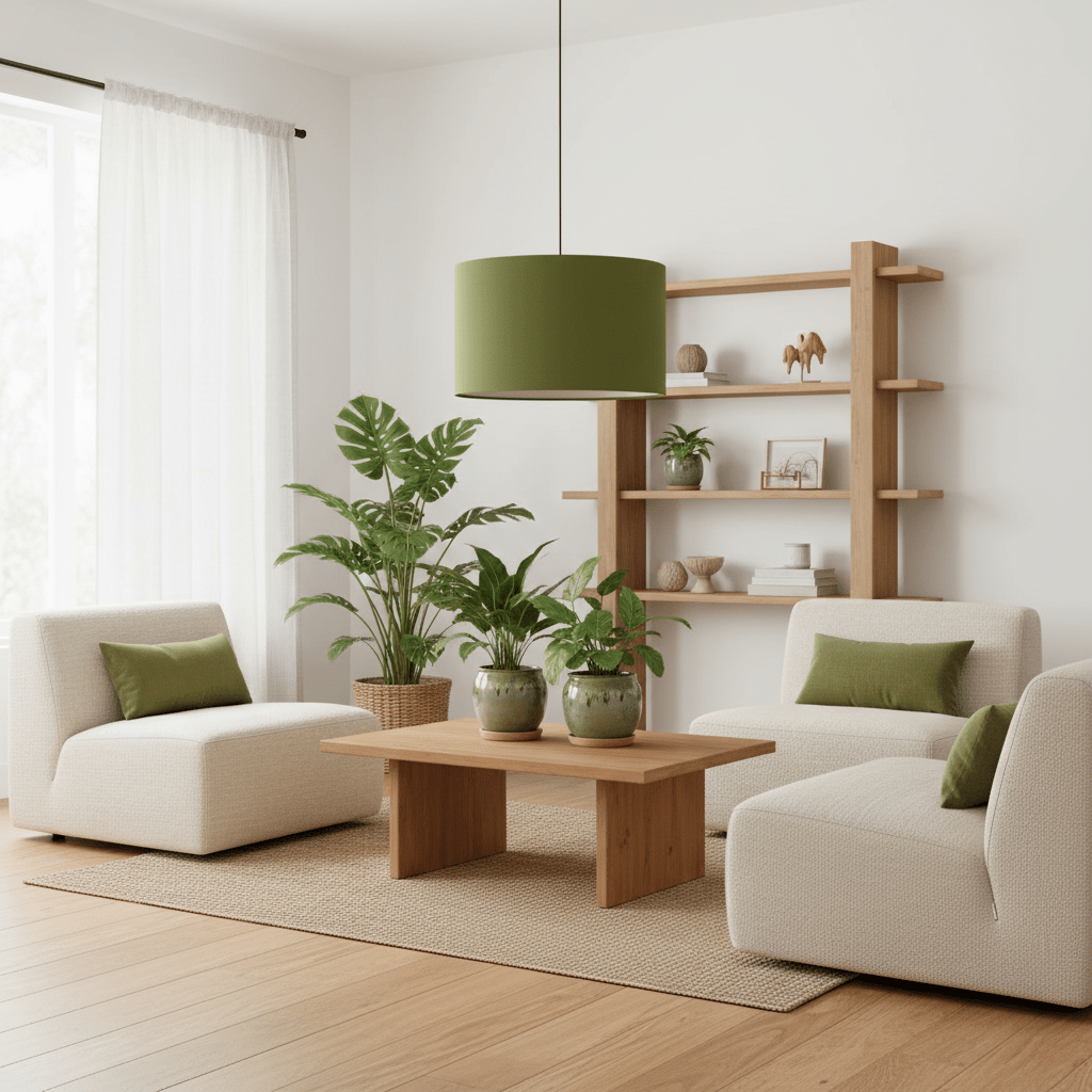 Modern living room with beige sofas, wooden coffee table, and shelves with decorative items.